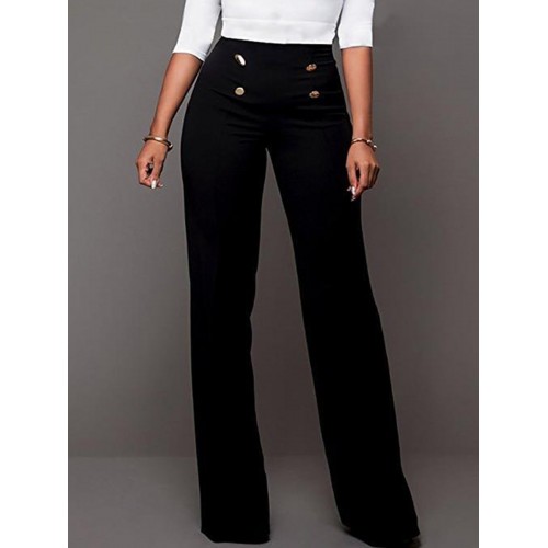 Plain High-Waist Button Loose Full Length Patchwork Women's Pants