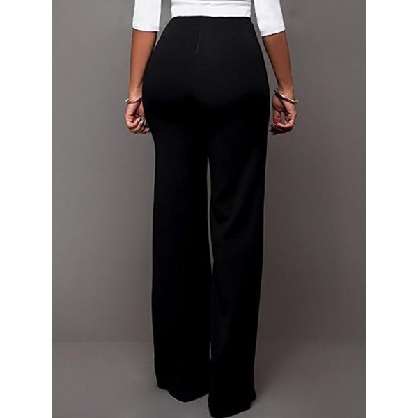 Plain High-Waist Button Loose Full Length Patchwork Women's Pants