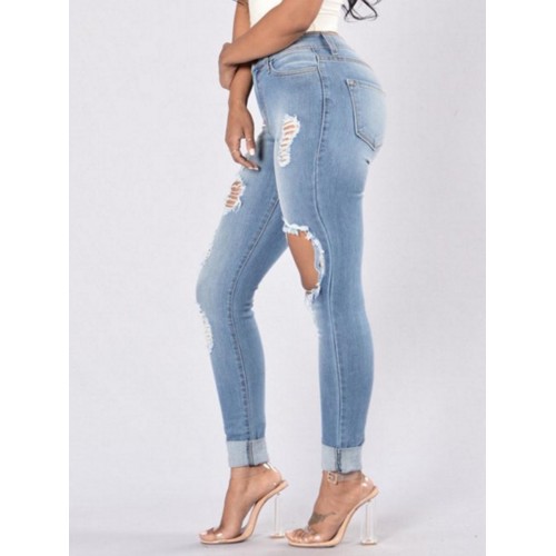 Worn Hole Slim Pencil Pants Jeans