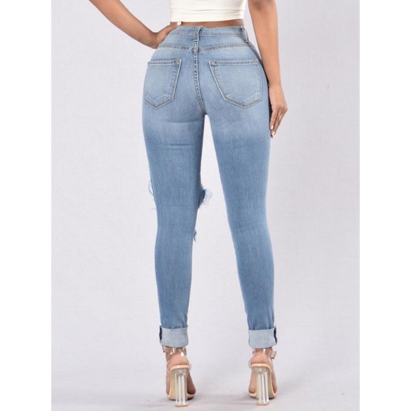 Worn Hole Slim Pencil Pants Jeans