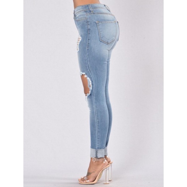 Worn Hole Slim Pencil Pants Jeans