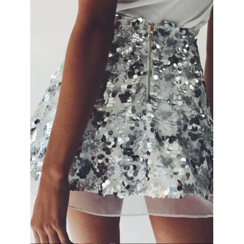 Sequins Mesh Back Zipper Skirt