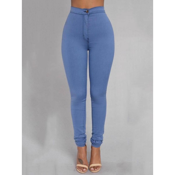 High Waist Button Plain Slim Pencil Pants