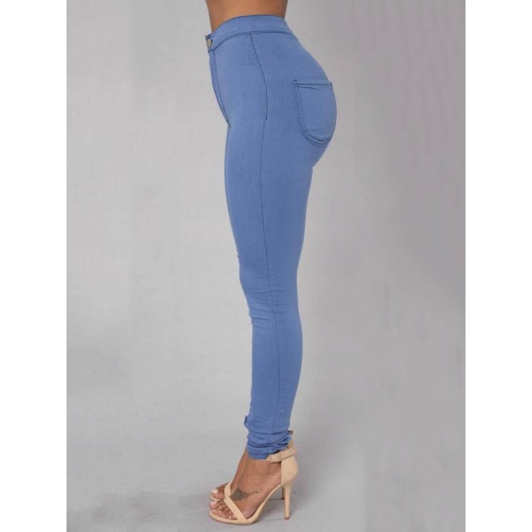 High Waist Button Plain Slim Pencil Pants