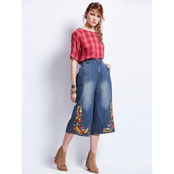 Floral Embroidery Wide Legs Mid-Calf Women's Jeans