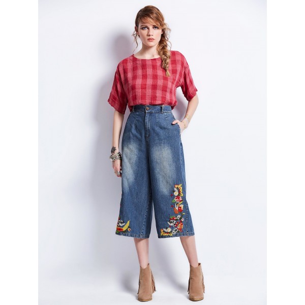 Floral Embroidery Wide Legs Mid-Calf Women's Jeans