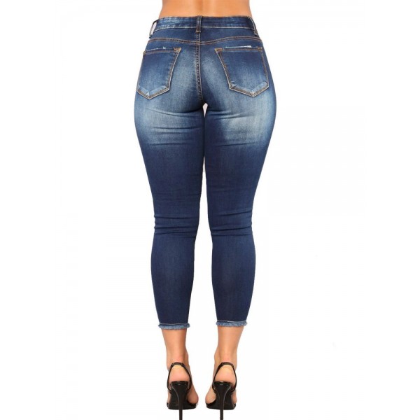 High Elastic Hole Denim Casual Pants