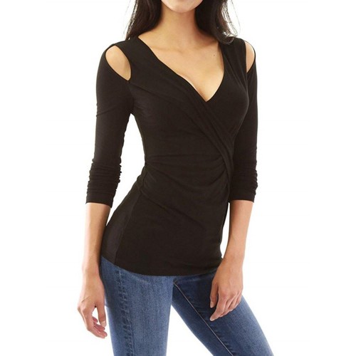 Pure Color V-Neck Long Sleeve T-shirt