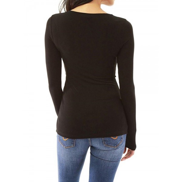 Pure Color V-Neck Long Sleeve T-shirt