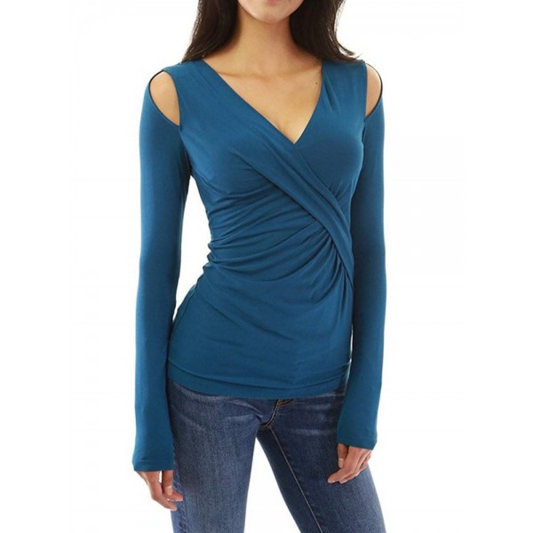 Pure Color V-Neck Long Sleeve T-shirt