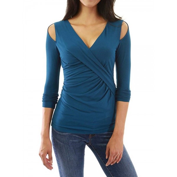 Pure Color V-Neck Long Sleeve T-shirt