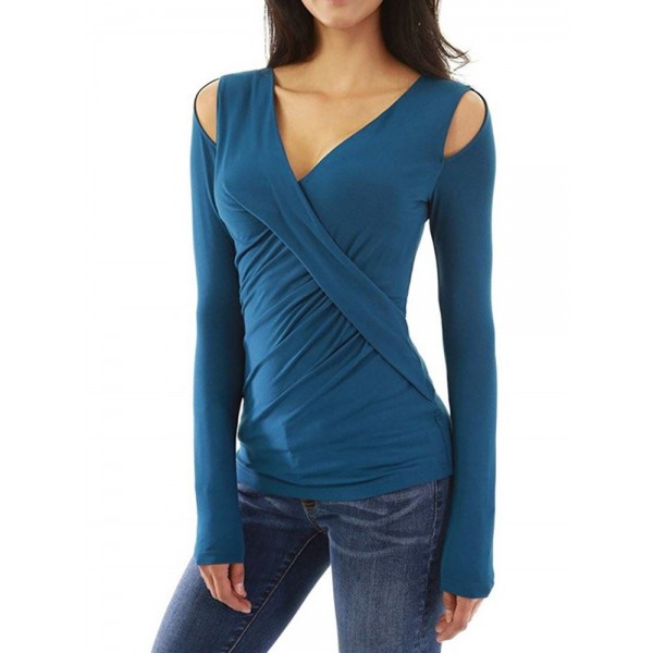 Pure Color V-Neck Long Sleeve T-shirt