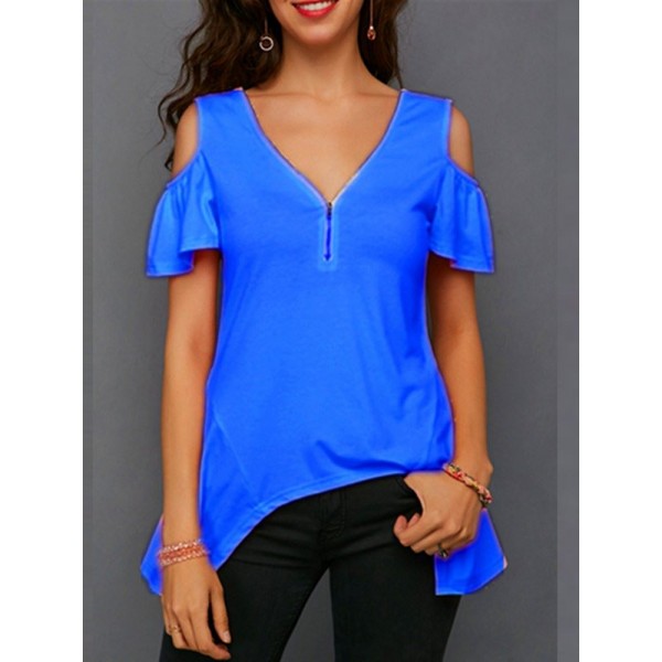 Women's V-Neck Pure Color Irregular T-shirt