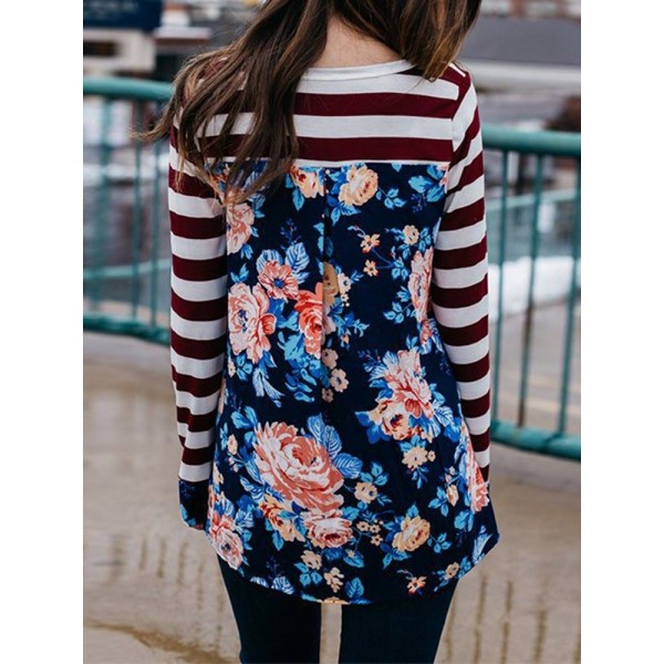 Striped Long Floral Loose T-shirt