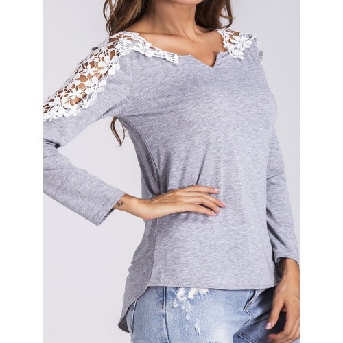 Long Sleeve V-Neck Lace Shoulder Women's T-shirt