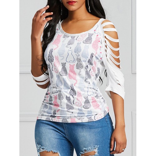 Hollow Out Sleeve Women's Floral Casual T-shirt