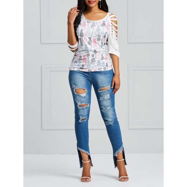 Hollow Out Sleeve Women's Floral Casual T-shirt