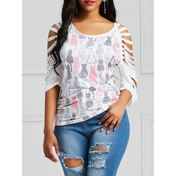 Hollow Out Sleeve Women's Floral Casual T-shirt