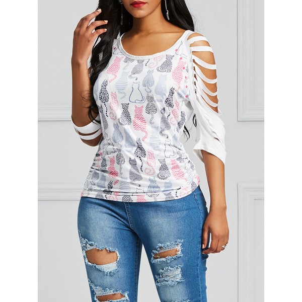 Hollow Out Sleeve Women's Floral Casual T-shirt