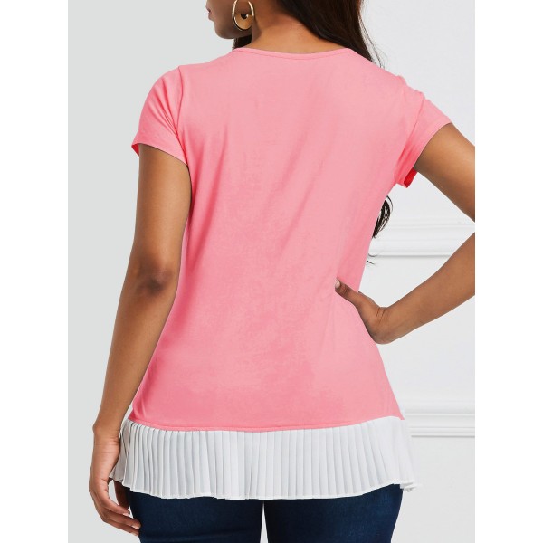 Round Collar Contrast Color Short Sleeve T-shirt