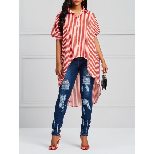 Stripe Irregular Swing Lapel Women's Shirt