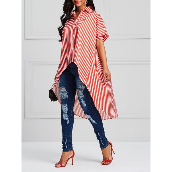 Stripe Irregular Swing Lapel Women's Shirt