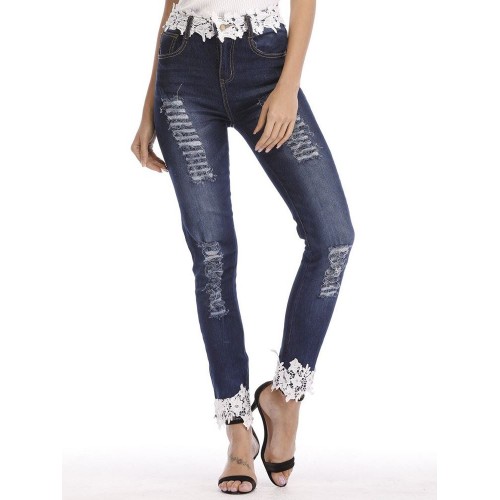 Slim Lace Hole Patchwork Women's Jeans