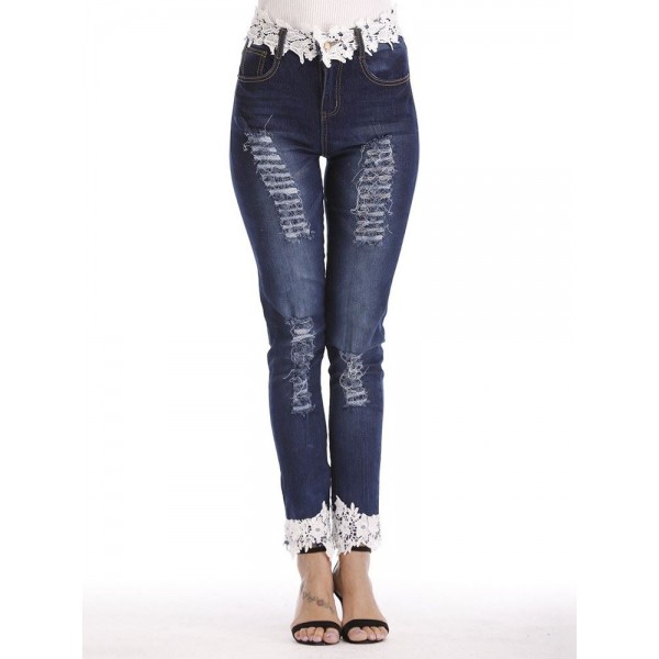 Slim Lace Hole Patchwork Women's Jeans