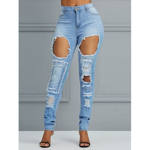 High-Waist Denim Hole Jeans