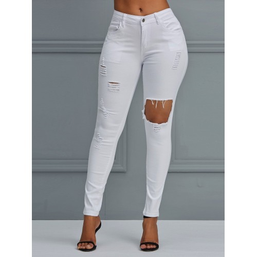 White Slim Hole High-Waist Women's Jeans