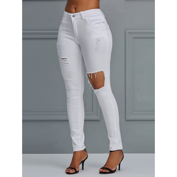 White Slim Hole High-Waist Women's Jeans