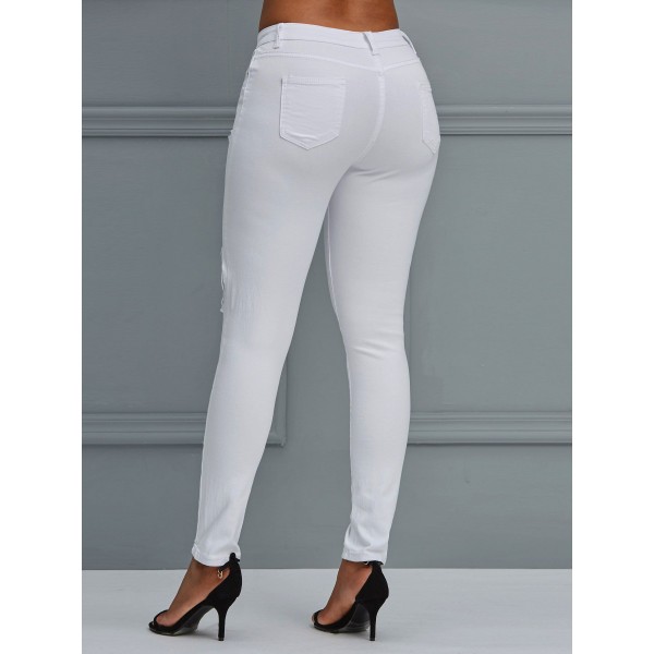 White Slim Hole High-Waist Women's Jeans