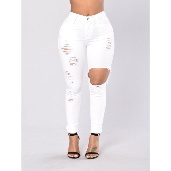 White Slim Hole High-Waist Women's Jeans