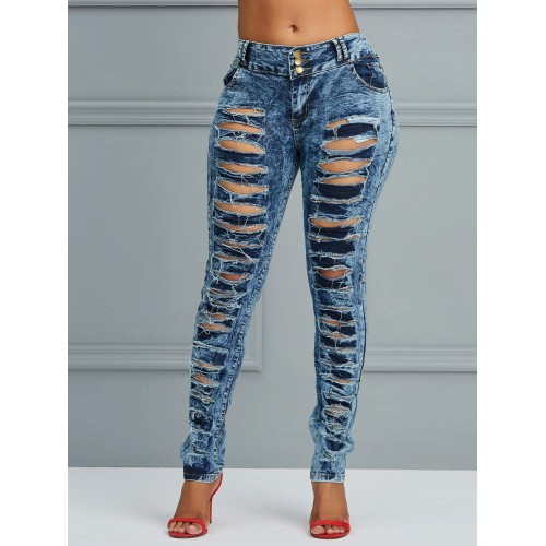 High-Waist Front Hole Worn Jeans