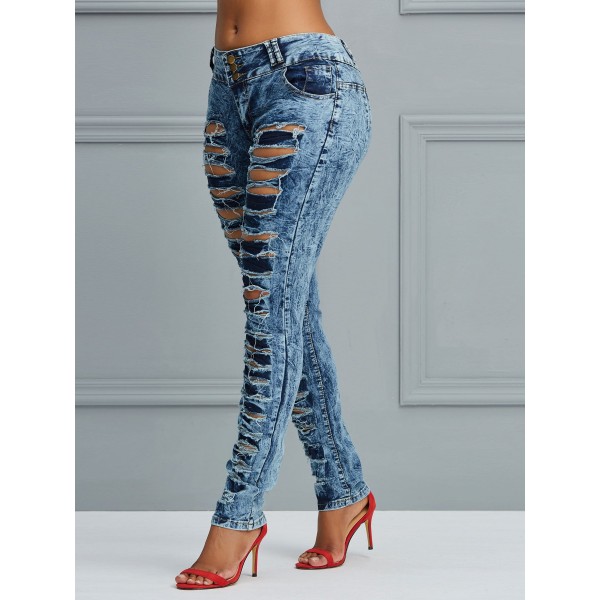 High-Waist Front Hole Worn Jeans