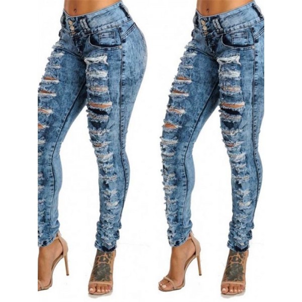 High-Waist Front Hole Worn Jeans