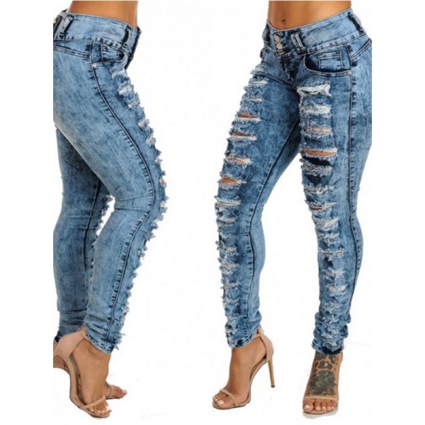 High-Waist Front Hole Worn Jeans