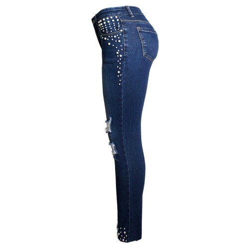 Bead Patchwork Knee Ripped Women's Jeans