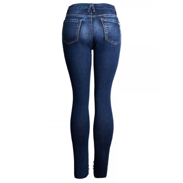 Bead Patchwork Knee Ripped Women's Jeans