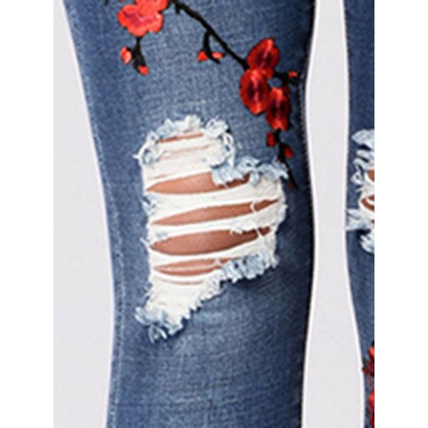 Slim Holes Embroidery Women's Jeans