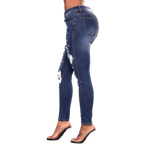 Beading Slim Hole Pencil Jeans