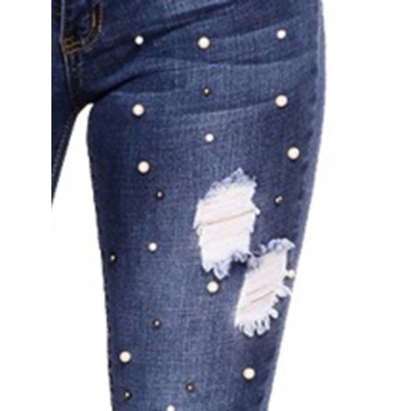 Beading Slim Hole Pencil Jeans