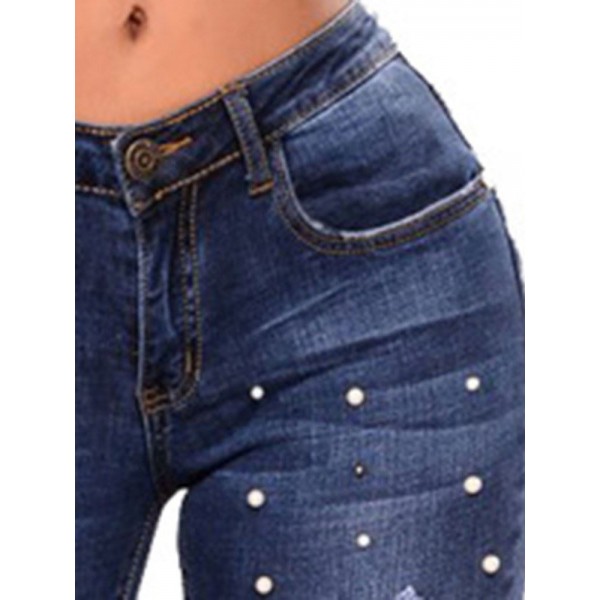 Beading Slim Hole Pencil Jeans