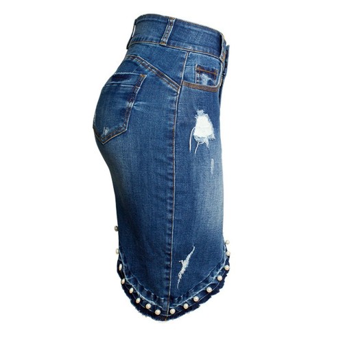 Denim Ripped Bead Asymmetric Women's Bodycon Skirt