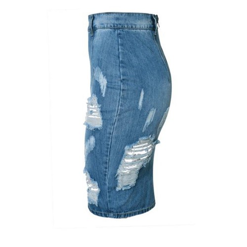 Broken Hole Distressed Lightly Washed Bodycon Skirt