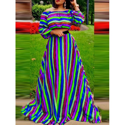 Off Shoulder Women's Fashion Striped Two Piece