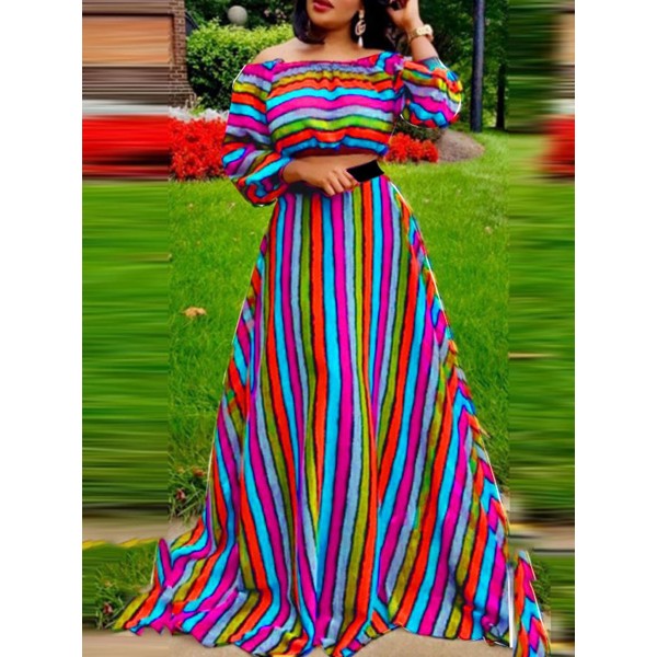 Off Shoulder Women's Fashion Striped Two Piece