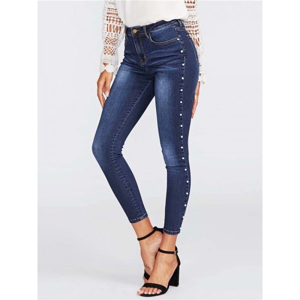 Side Beading Pencil Jeans