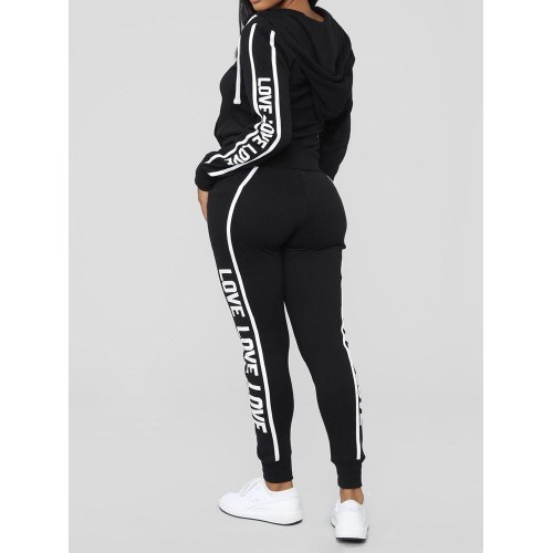 Print Letter Zipper Casual Sports Hooded Suit