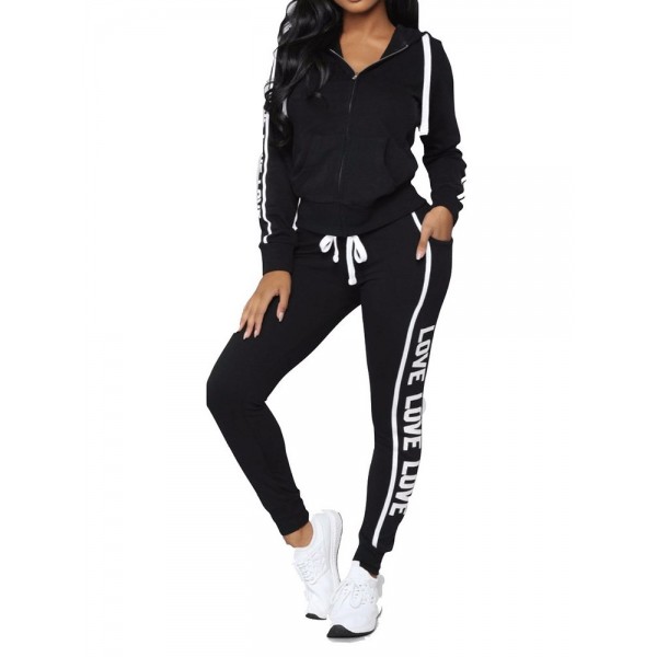 Print Letter Zipper Casual Sports Hooded Suit